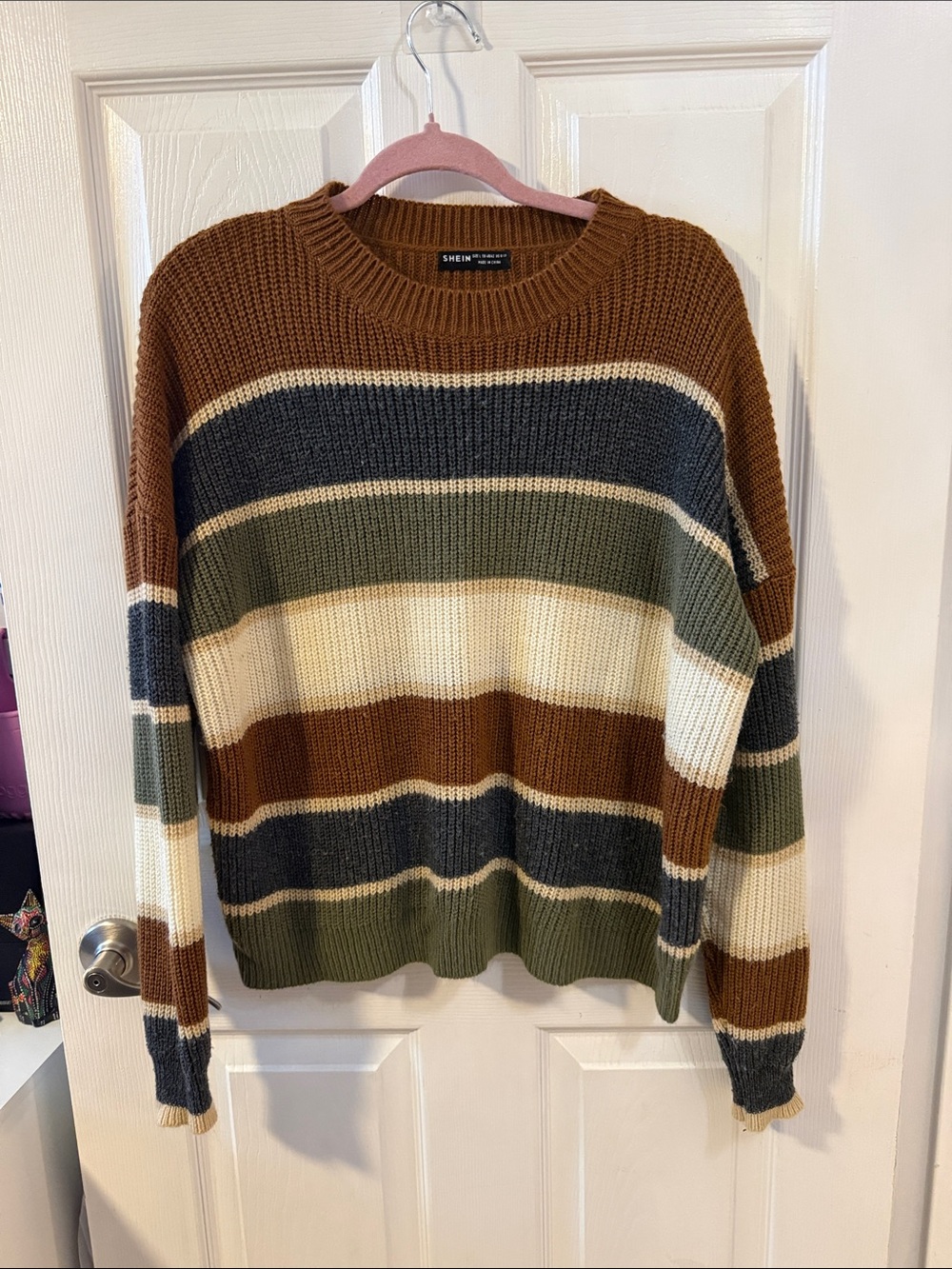 SHEIN Striped Chunky Knit Sweater in Brown, Olive & Cream